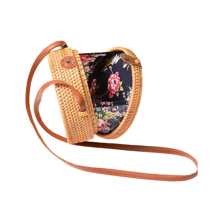 Beakey Handwoven Round Rattan Natural Chic Bag Shoulder Leather Straps Summer Beach-Emerald Flower
