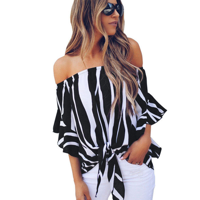 Beakey Women's Striped Printed Off Shoulder Bell Sleeve Shirt Tie Knot Casual Blouses Tops-Black-8802