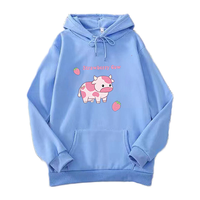 Beakey Casual Hoodie Strawberry Cow Print with Pockets for Women Men-Sky Blue