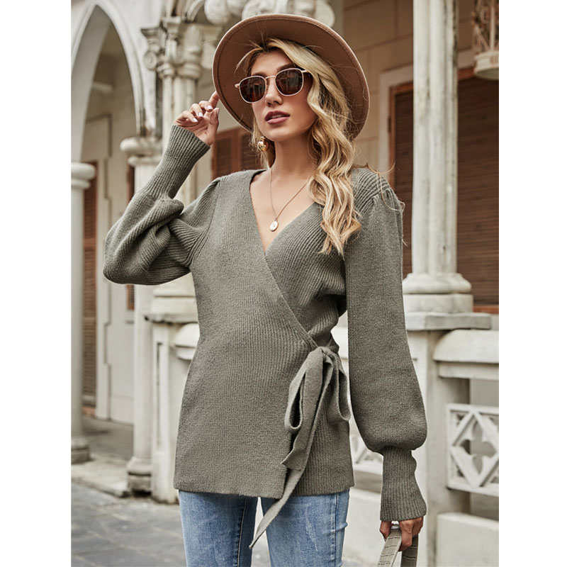 Beakey Womens Sexy V Neck Oversized Sweater Balloon Sleeve Knit Pullover-Grass Green