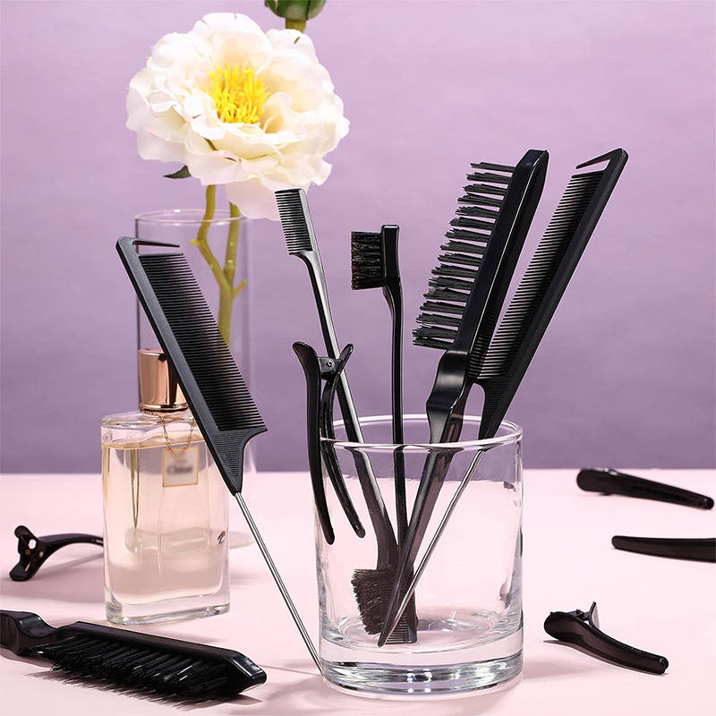 Beakey 12 Pieces Hair Brush Set Nylon Teasing Hair Brushes Rat Tail Combs with Duckbill Clips for Women-Black