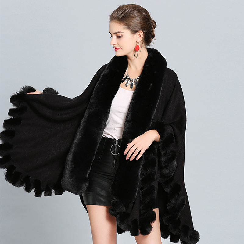 Beakey Womens Faux Fox Fur Trim Cardigan Shawl Oversized Cape-Black