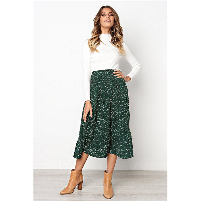 Beakey Womens High Waist Skirt Polka Dot Pleated Midi Maxi Swing Skirt High Elastic-Green-0387