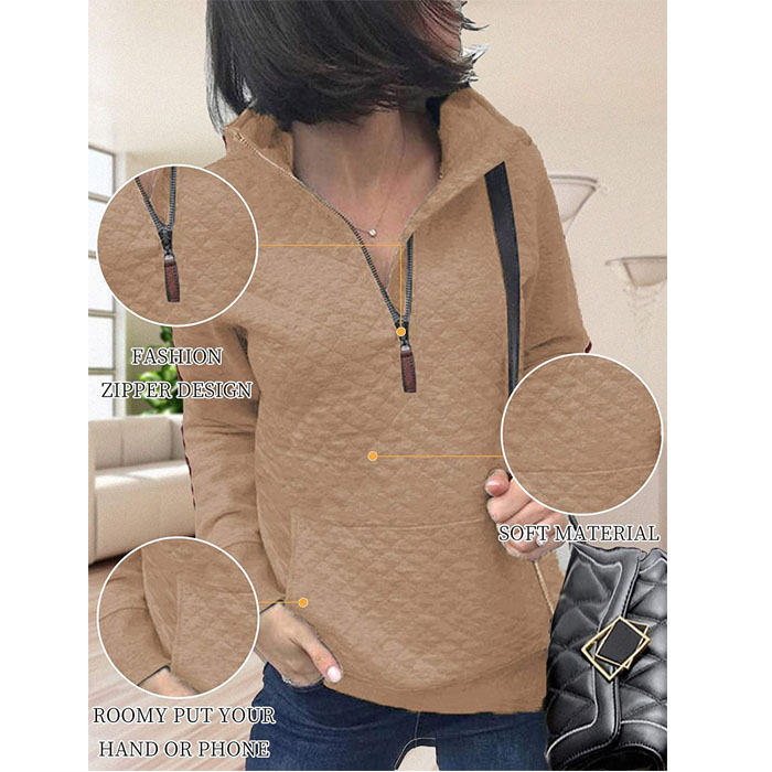 Beakey Women 1/4 Zipper Long Sleeve Plain Casual Sweatshirts Pullovers Shirts Tops-Khaki
