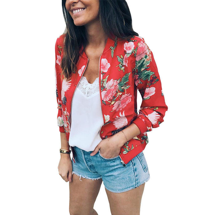 Beakey Women's Fashion Zip Up Casual Jacket Coat Short Outwear Flower Printing Tops-Red-8795