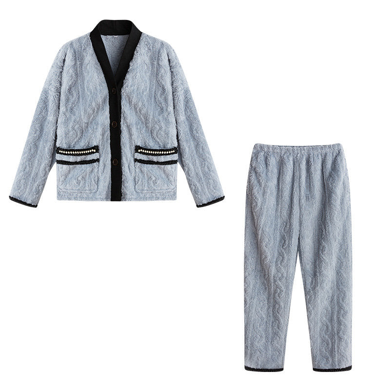 Beakey Women's Fleece Fashion Cardigan Pajama Set-Haze Blue