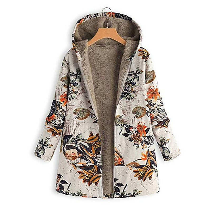 Beakey Womens Bohemian Floral Print Jacket Plush Hooded Warm Coat-A