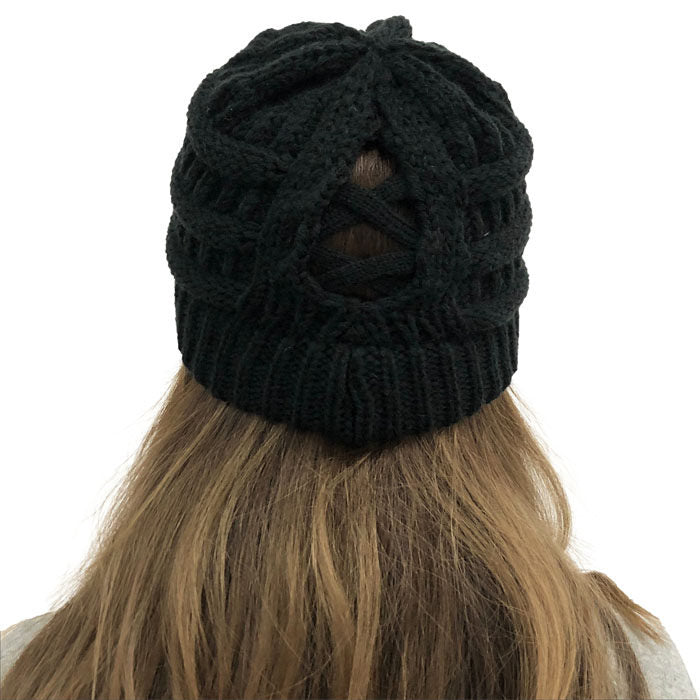 Beakey Soft Stretch Cable Knit Hat Ponytail Beanie Winter Hat For Women-Black