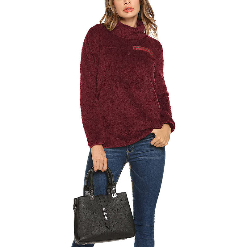 Beakey Womens Turtleneck Sweatshirt Winter Faux Fuzzy Sherpa Pullover-Wine Red