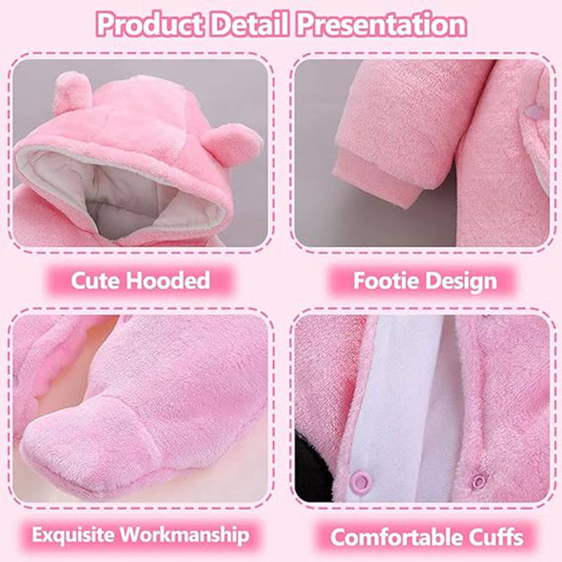 Beakey Cute Bear Hooded Snowsuit for Baby Button Footie Fleece Jumpsuit-Pink