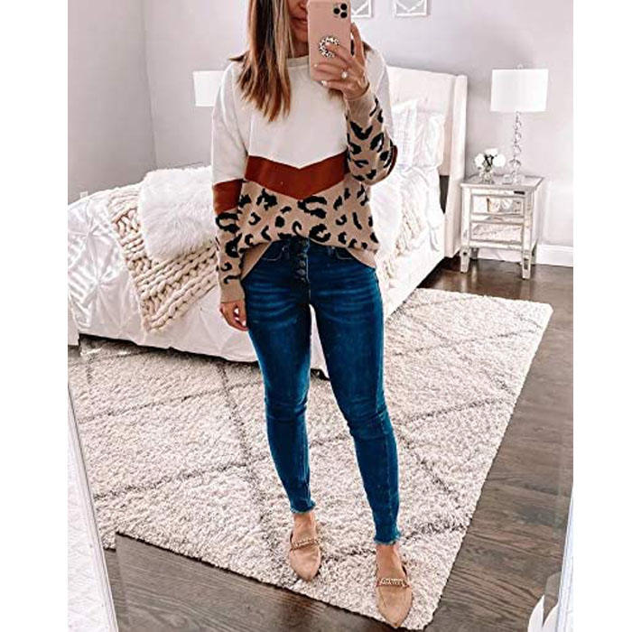 Beakey Women¡¯s Casual Knitted Sweater Leopard Print Color Block Loose Pullover-Khaki-K208002