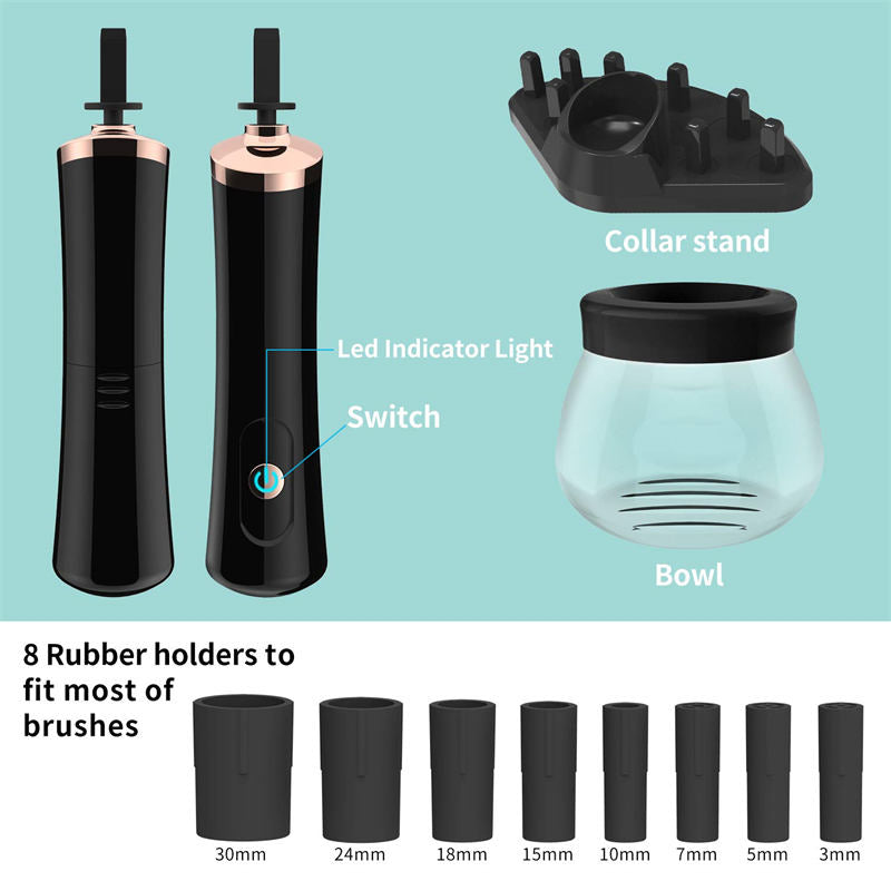 Beakey Electric Makeup Brush Cleaner with 8 Rubber Collars-Black