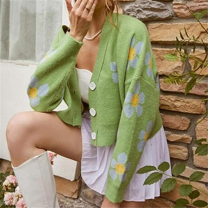 Beakey Womens Flower Cardigan V Neck  Button Down Open Front Sweater-Green