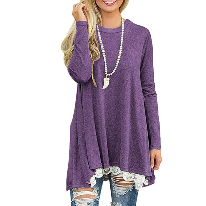 Beakey Women's Crew Neck Long Sleeve Lace Splicing Shirt Long Tunic Blouses-Purple-1228