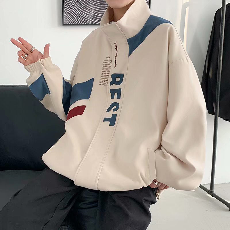 Beakey Mens Harajuku Jacket with Zipper Letter Print Oversized Streetwear