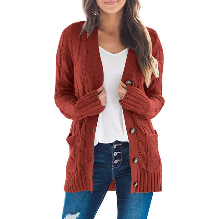 Beakey Women's Winter Keep Warm Long Sleeve Knit Sweater Cardigan Button Loose Outerwear-Brick Red-YL220187