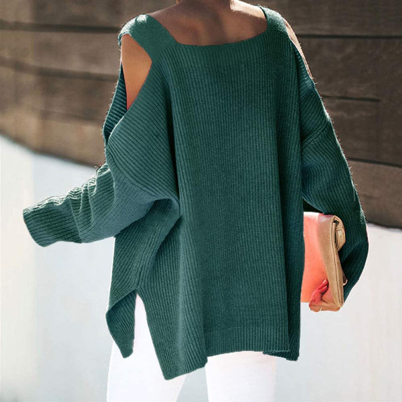 Beakey Womens Off Shoulder Oversized Sweater Fashion Knit Tunic Tops-Green
