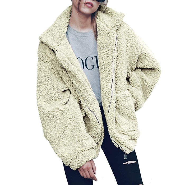 Beakey Women's Lapel Zip Up Coat Faux Shearling Shaggy Oversized  Jacket Warm Winter-Off-white-T0647