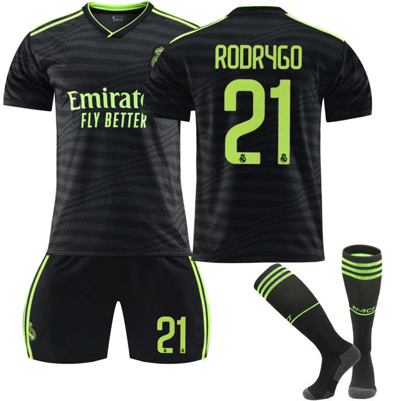 Beakey Real Madrid Second Away Jersey 2022-23 RODRYGO #21 Soccer Jersey Kids Adult 3-Pieces Jersey Kits