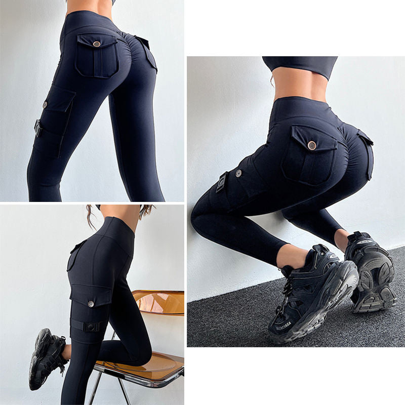 Beakey Womens Cargo Leggings with Flap Pockets Non See Through for Workout-Black