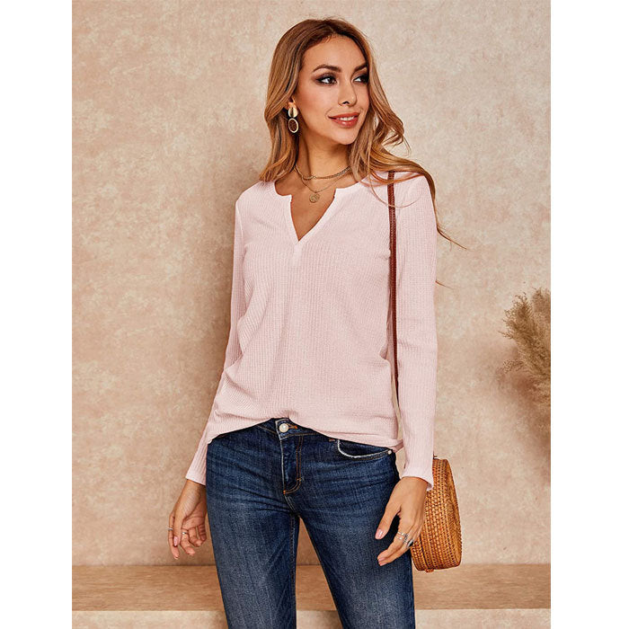 Beakey Womens V Neck Shirts Long Sleeve Waffle Knit Loose Fitting Warm Pullover Sweaters-Pink-5888