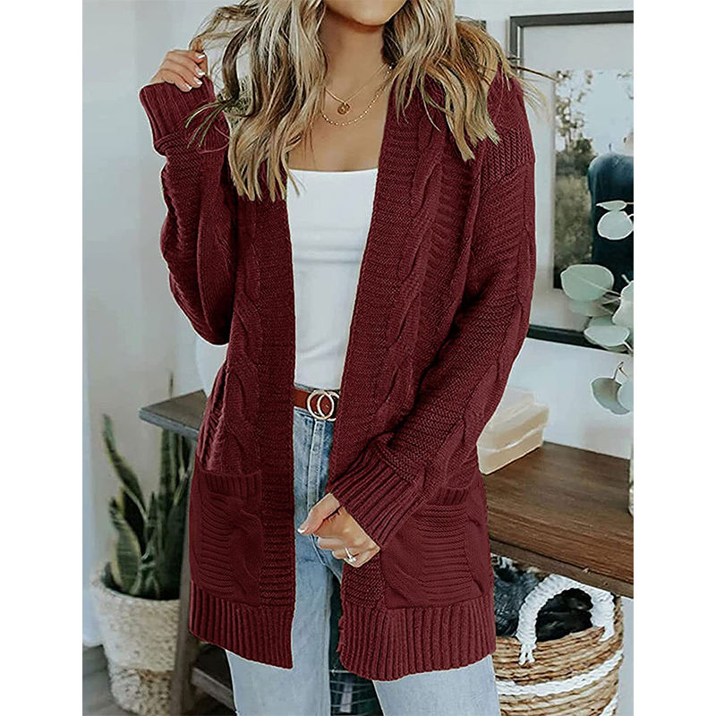 Beakey Womens Long Sleeve Cable Knit Cardigan Sweater Mid Length Coat-Wine Red