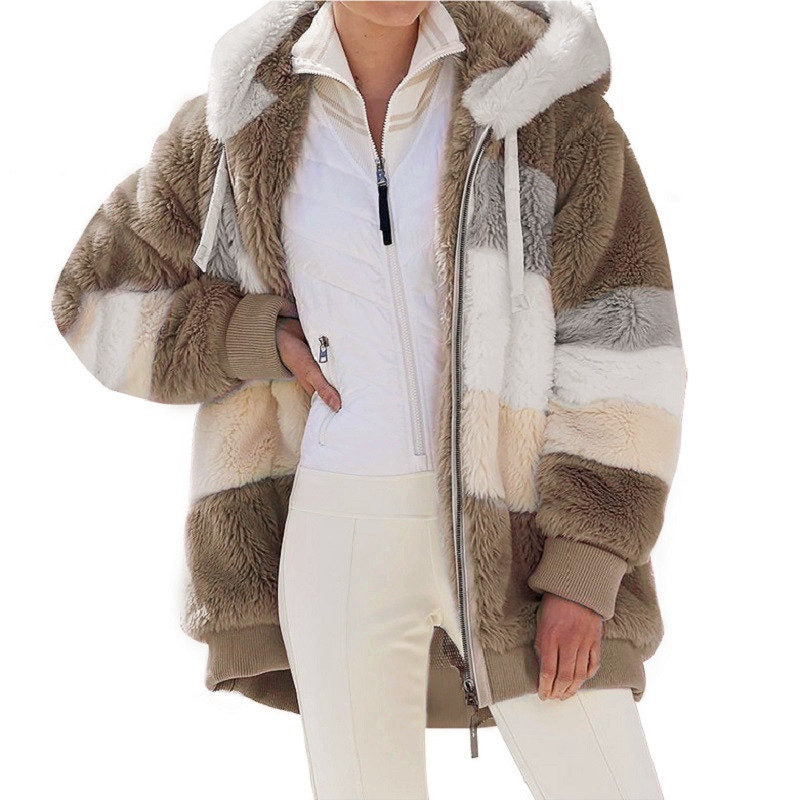 Beakey Womens Warm Plush Hooded Cardigan Full Zip Colorblock Jacket-Khaki