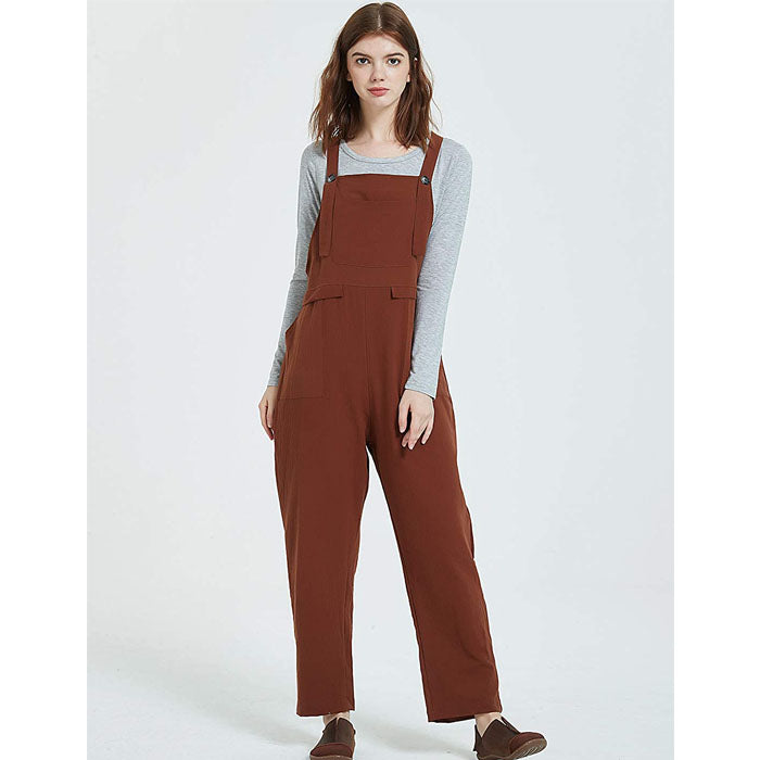 Beakey Women's Casual Baggy Cotton Linen Jumpsuit Overalls With Pockets-Brown-5859
