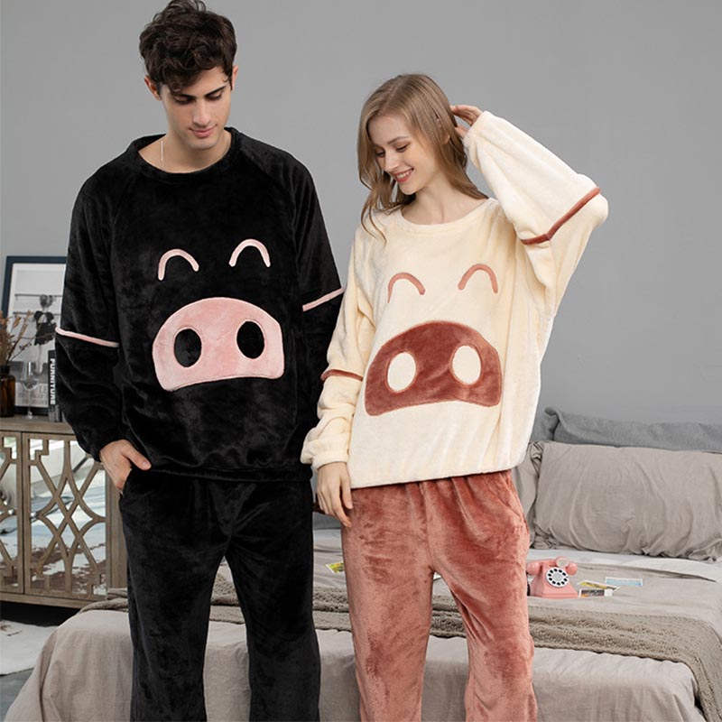 Beakey Cartoon Crewneck Pullover Pajamas Set-Beige