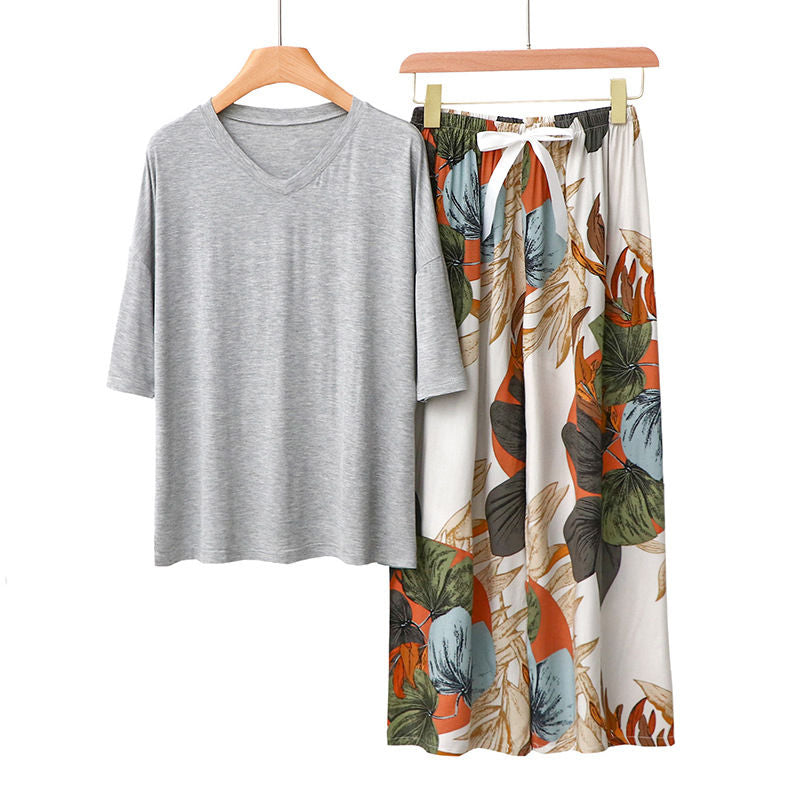 Beakey Womens Pajama Set Print Sleepwear Soft V-Neck Short Sleeve Top With Pants-6