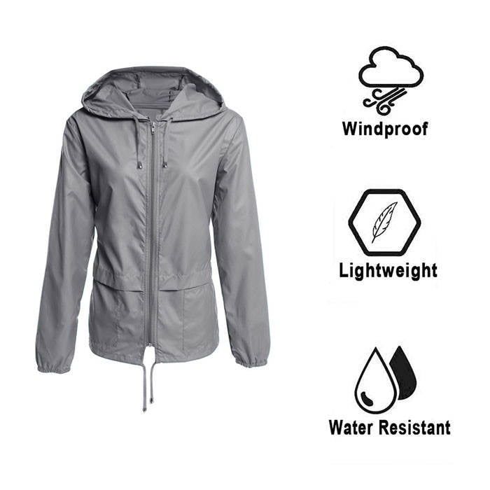 Beakey Women Lightweight Waterproof Raincoat Packable Outdoor Hooded Windbreaker-Dark Gray-AL1064
