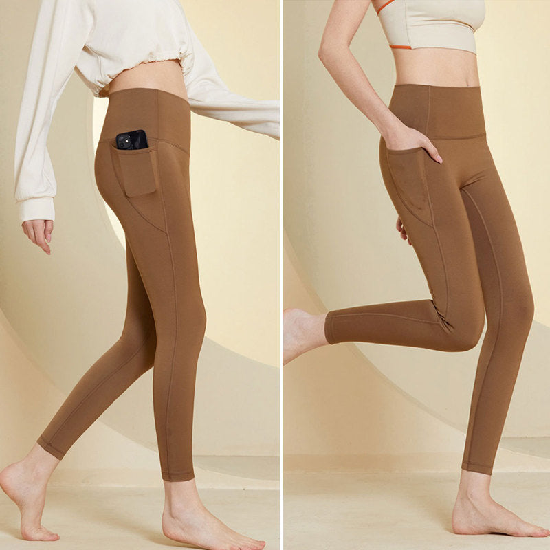 Beakey Womens Legging with Pockets High Waisted Fleece Lined Workout Pants-Coffee
