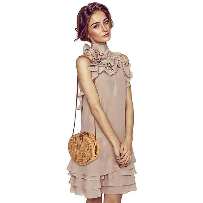 Beakey Handwoven Round Rattan Natural Chic Bag Shoulder Leather Straps Summer Beach-Blue Flower