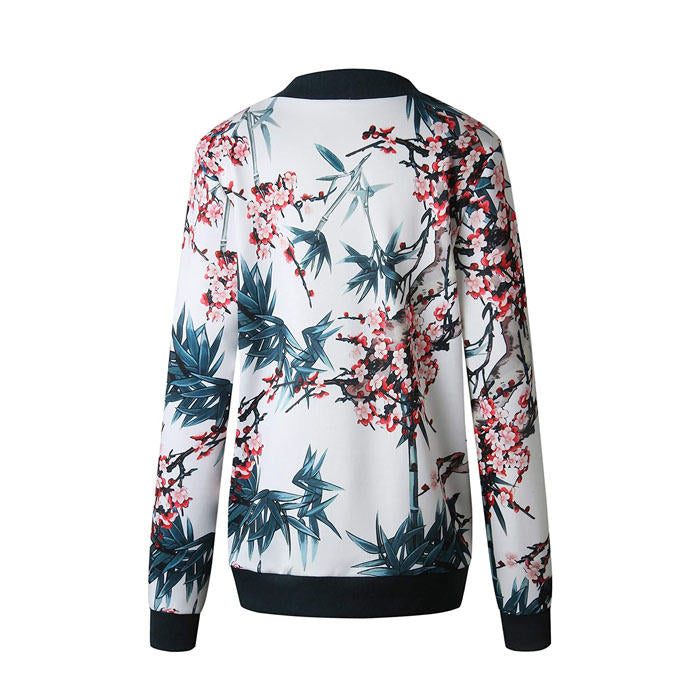 Beakey Women's Fashion Zip Up Casual Jacket Coat Short Outwear Flower Printing Tops-Dark Blue-8795