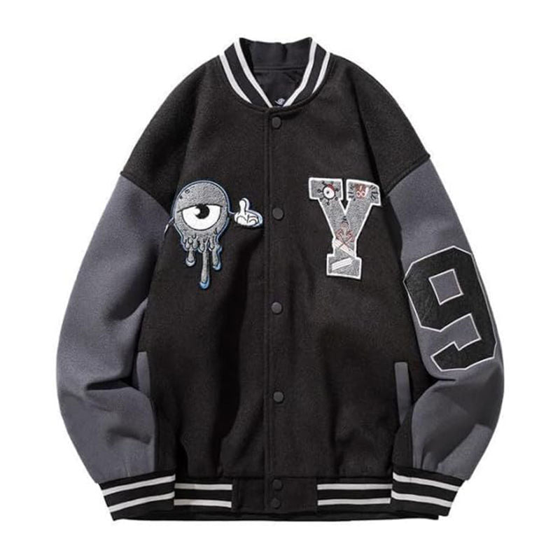 Beakey Y2K Varsity Jacket Unisex Embroidery print Baseball Coat Streetwear-Black