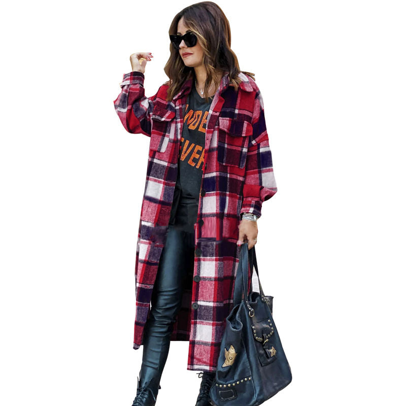 Beakey Womens Casual Plaid Long Coat Lapel Button Down Shirts Jacket-Red