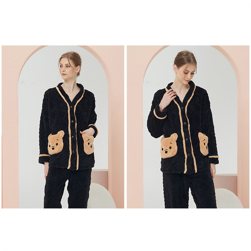 Beakey Womens V Neck Buttons Cardigan Pajamas Set-Yellow Bear