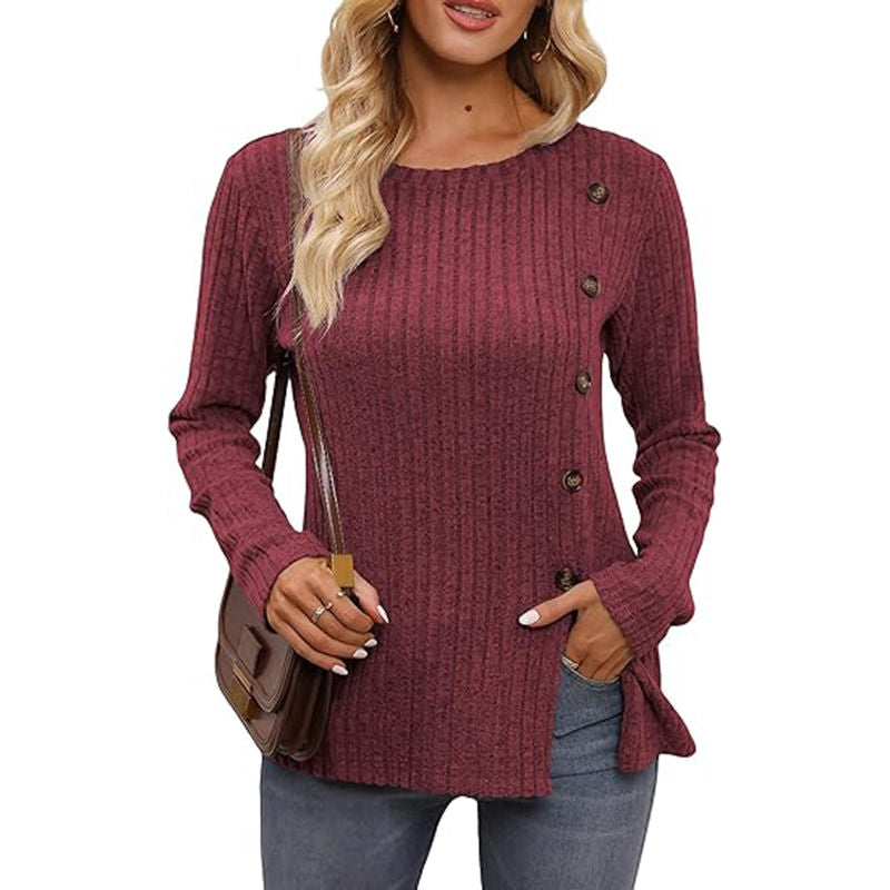 Beakey Long Sleeve Tops for Women Button Decor Loose Tunic Blouse-Wine Red
