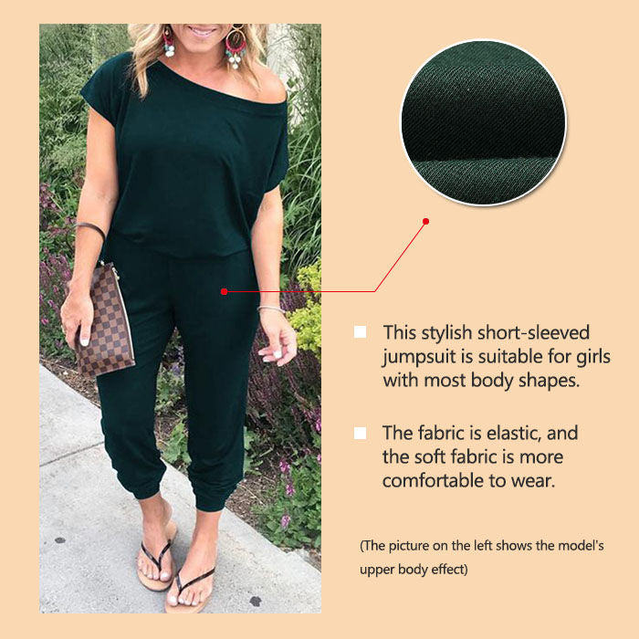 Beakey Women's Loose Solid Off Shoulder Elastic Waist Stretchy Long Romper Jumpsuit with Pockets - Dark Green