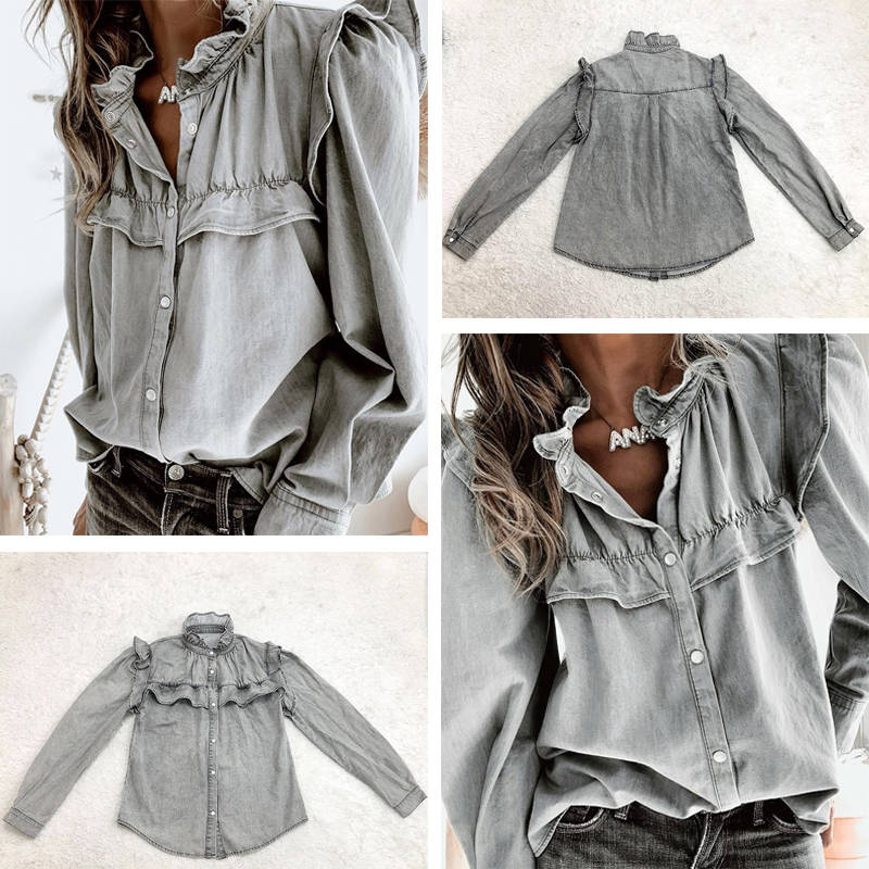 Beakey Doll Collar Denim Shirt for Women Long Sleeve Casual Ruffle Blouse