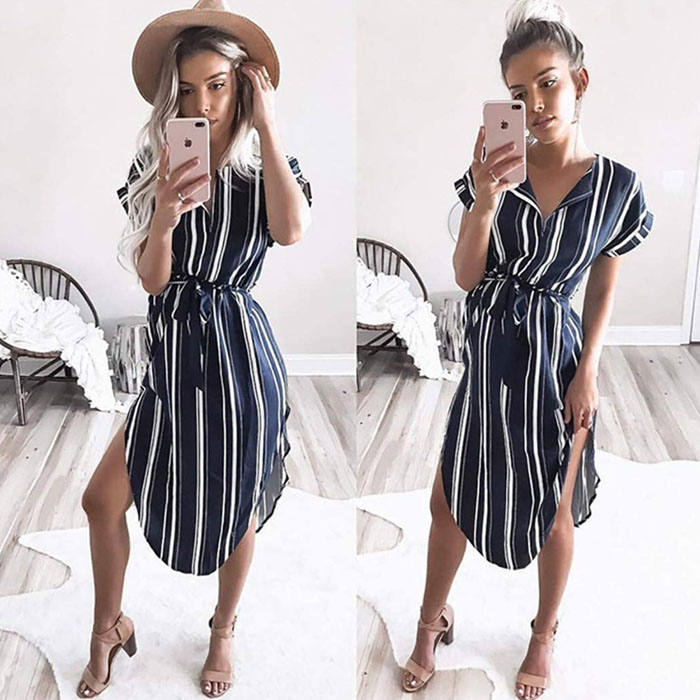 Beakey Womens Sexy Dresses Summer Casual V-Neck Printing Pattern Belted Slim Dress-Blue Strips