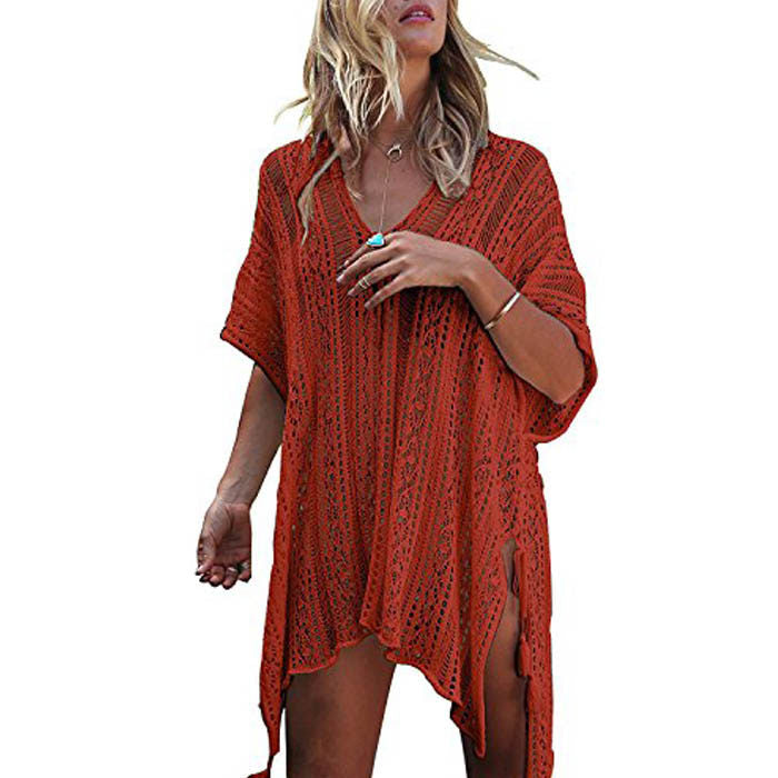Beakey Women's Swimsuit Beach Bikini Loose Blouse Knitted Blouse Stylish Beach Cover up-Rust Red