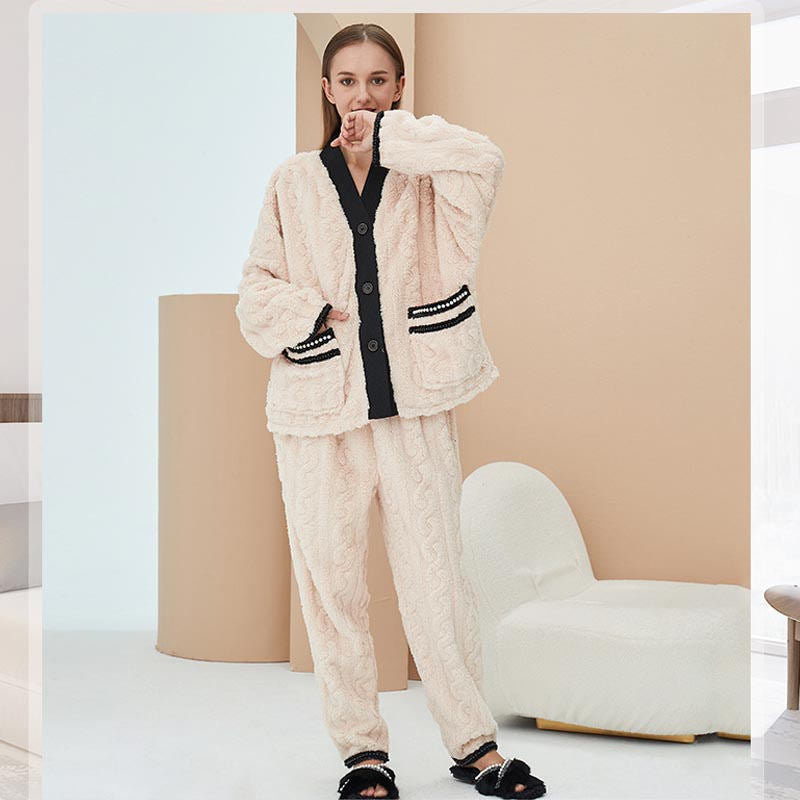 Beakey Women's Fleece Fashion Cardigan Pajama Set-Beige