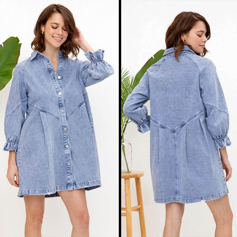Beakey Denim Shirt Dress for Fall Lantern Sleeve Vintage Loose Babydoll-LightBlue
