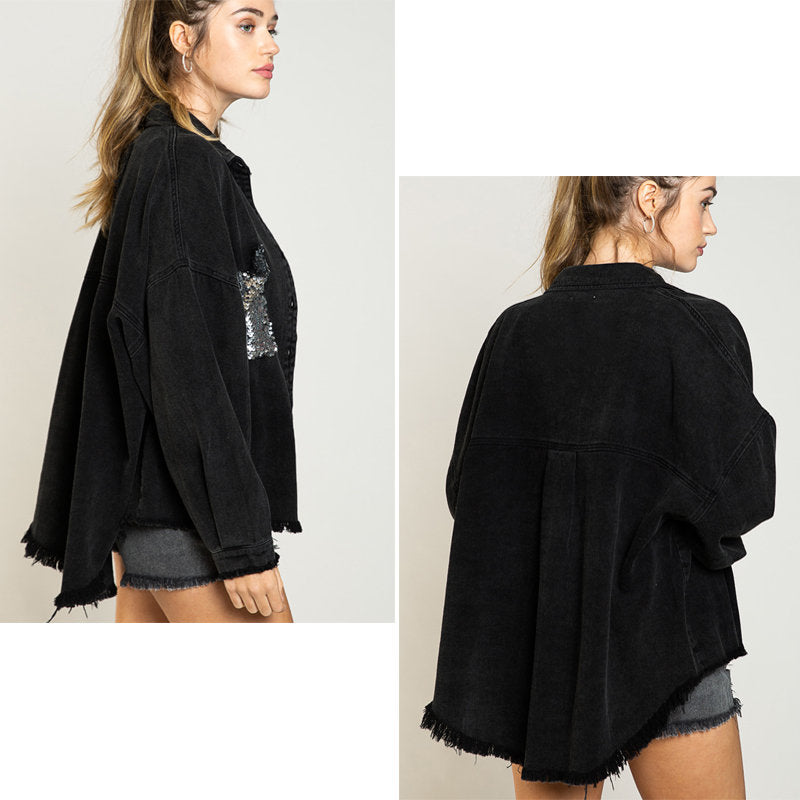 Beakey Sequins Denim Jacket for Women Oversized Distressed Jean Outwear-Black
