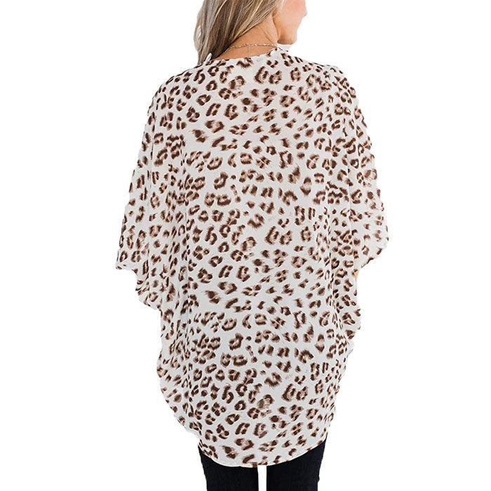 Beakey Women's Summer Floral Print Kimonos Loose Half Sleeve Chiffon Cardigan Blouses Casual Cover Up - White Leopard