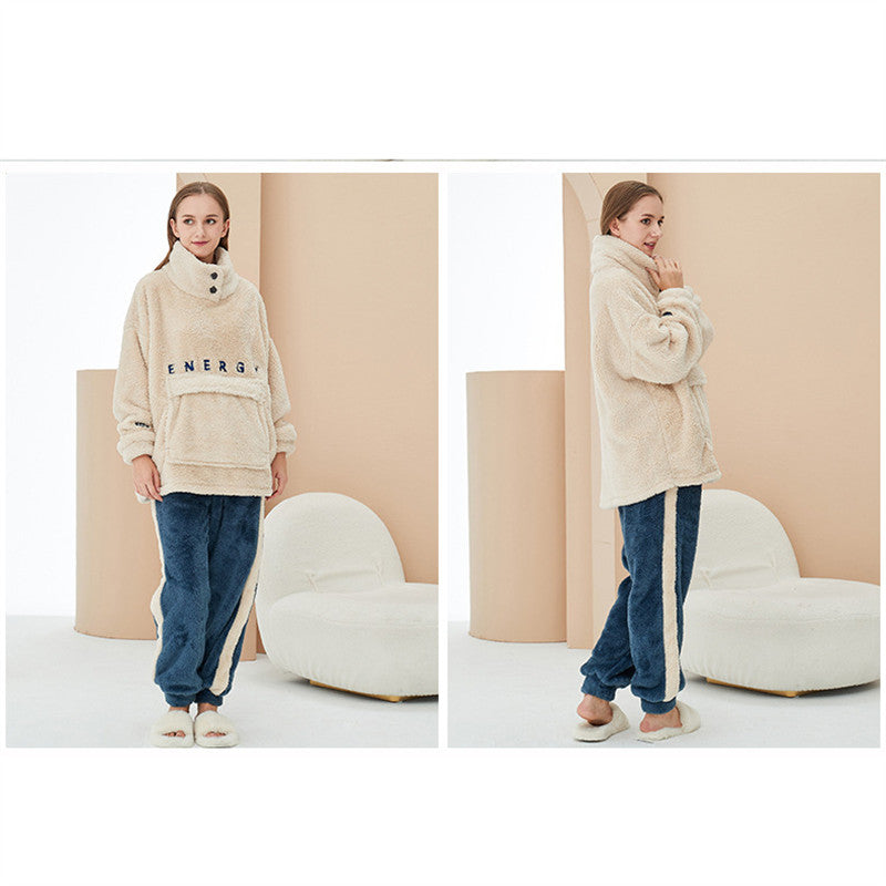 Beakey Thickening Coral Fleece Pajamas Set for Women-Beige