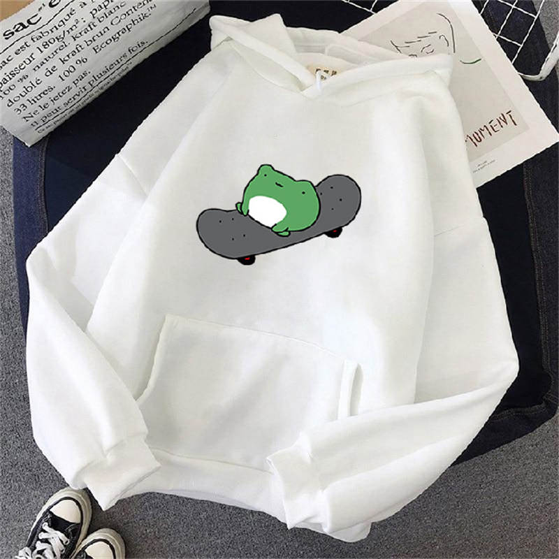 Beakey Womens Cute Hoodie Skateboarding Frog Long Sleeve Pullover-White
