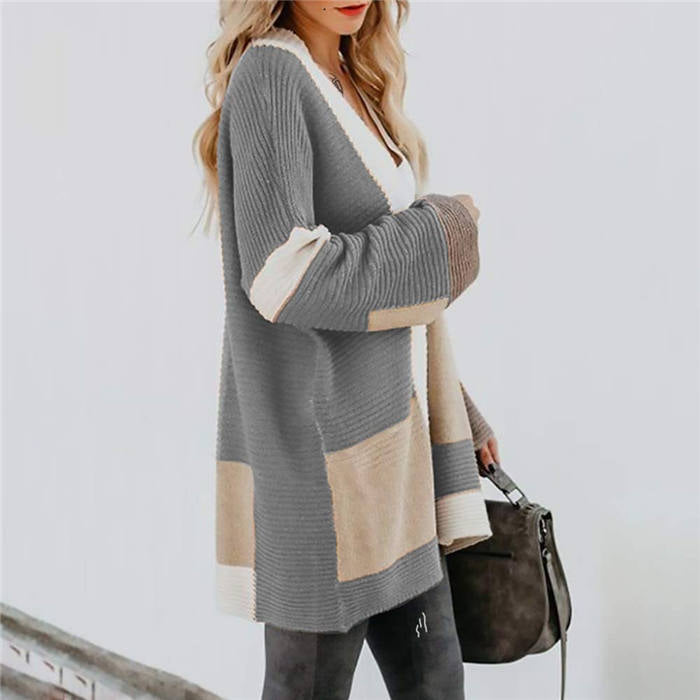 Beakey Womens Color Block Cardigan Open Front Sweaters Loose Knit Casual Coat-Gray-AL6009