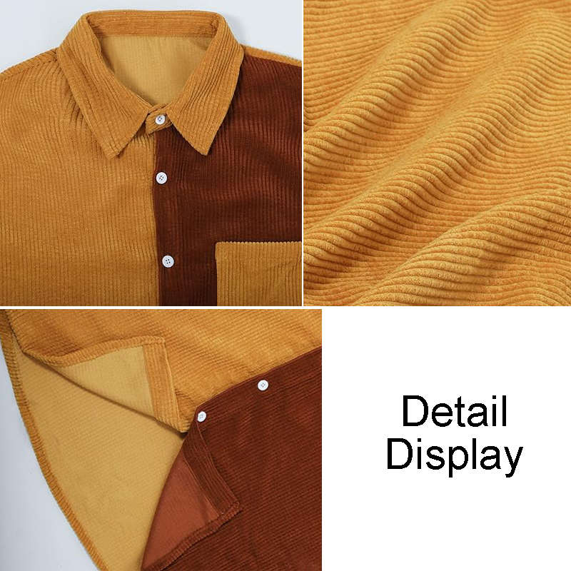 Beakey Mens Corduroy Shirt Patchwork Button Down Jacket with Chest Pocket-Coffee